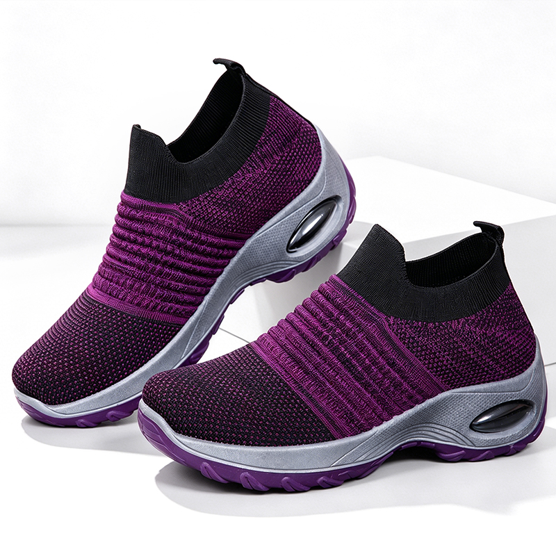 SXCHEN Women's Platform Wedge Shoes, Purple Gradient Sock Sneakers For Walking & Travel, Stretch Knit Fabric, Air Cushion Heel For Shock Absorption, Lightweight Design, Padded Insole, All Sizes