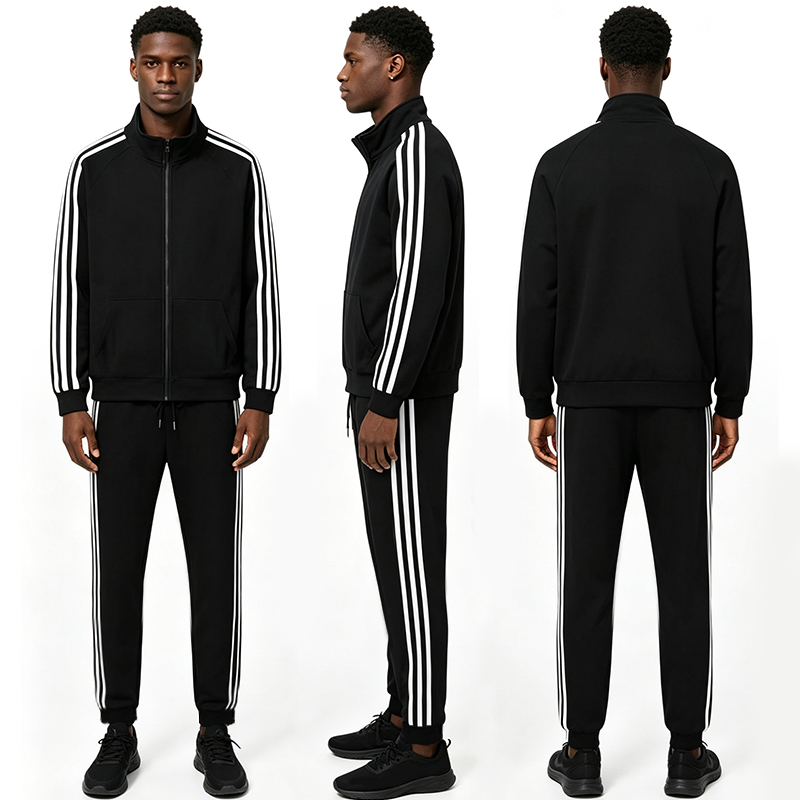 SXCHEN Men's Athletic Tracksuit, Black Striped Two-Piece Outfit For Gym & Daily Wear, Soft Quick-Dry Polyester, Full-Zip Jacket with Side Pockets, Elastic Drawstring Pants, Lightweight & Comfortable,