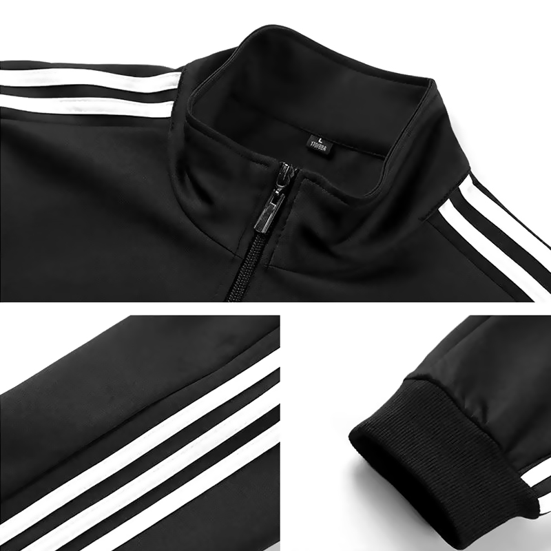 SXCHEN Men's Athletic Tracksuit, Black Striped Two-Piece Outfit For Gym & Daily Wear, Soft Quick-Dry Polyester, Full-Zip Jacket with Side Pockets, Elastic Drawstring Pants, Lightweight & Comfortable,