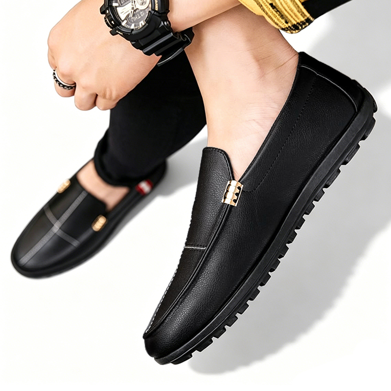 SXCHEN Men's Fashion Loafer Shoes-Black With Contrast Striped Trim,Lightweight Construction, Anti-Skid Traction Sole,Perfect For Business Casual & Daily Commute Men Non-Slip Sole Soft Lining Stitching