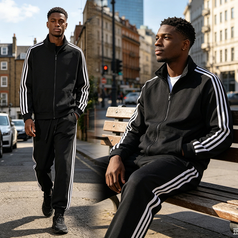SXCHEN Men's Athletic Tracksuit, Black Striped Two-Piece Outfit For Gym & Daily Wear, Soft Quick-Dry Polyester, Full-Zip Jacket with Side Pockets, Elastic Drawstring Pants, Lightweight & Comfortable,
