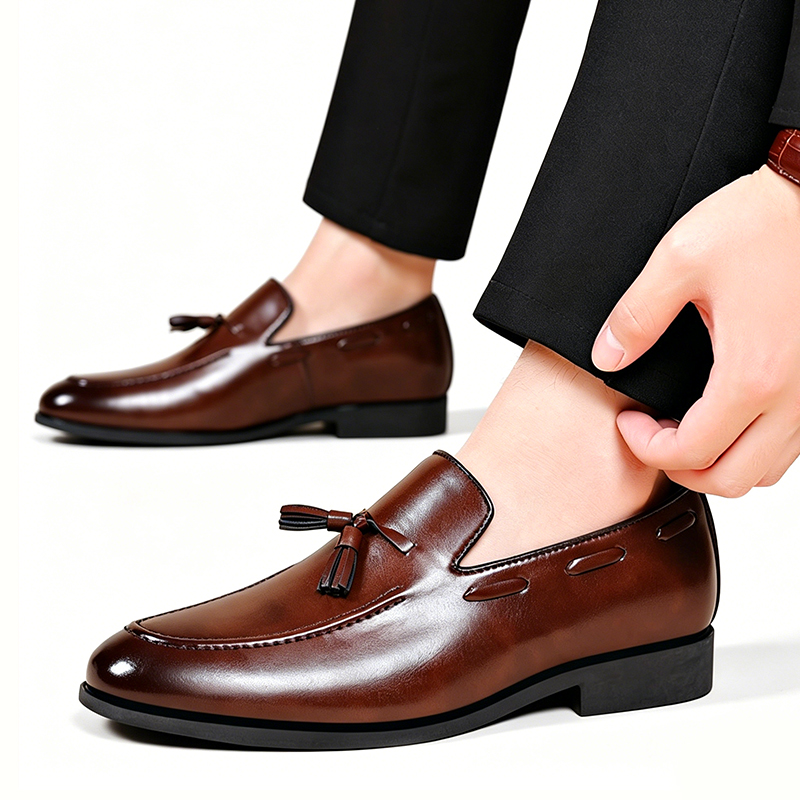 SXCHEN Men's Classic Dress Shoes – Brown Smooth Leather Upper, Padded Insole, Lightweight Construction, Easy Slip-On Fit,Non-Slip Rubber Sole, Ideal For Office Wear & Wedding Occasions