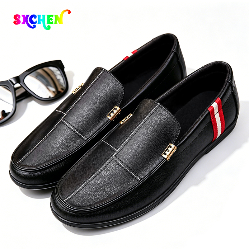 SXCHEN Men's Fashion Loafer Shoes-Black With Contrast Striped Trim,Lightweight Construction, Anti-Skid Traction Sole,Perfect For Business Casual & Daily Commute Men Non-Slip Sole Soft Lining Stitching