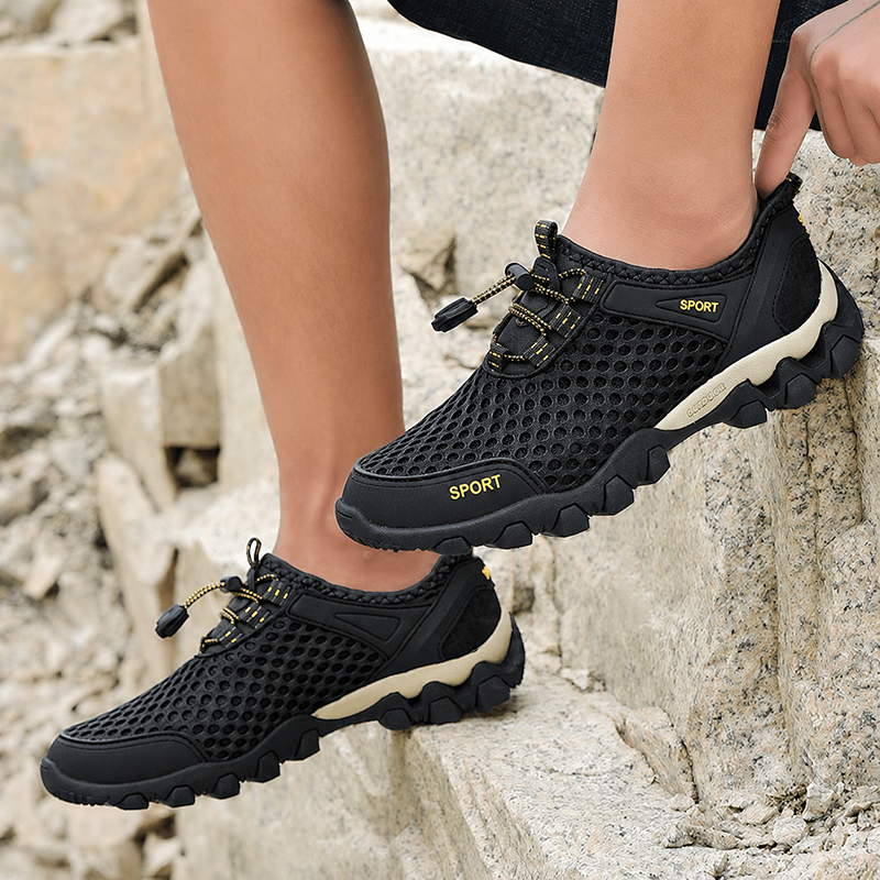 SXCHEN Men's Breathable Hiking Shoes – Black Mesh Upper,Quick-Dry Lining,  Quick-Lock Drawstring Closure, Non-Slip Rugged Sole, Perfect For Outdoor Trekking & Trail Walking