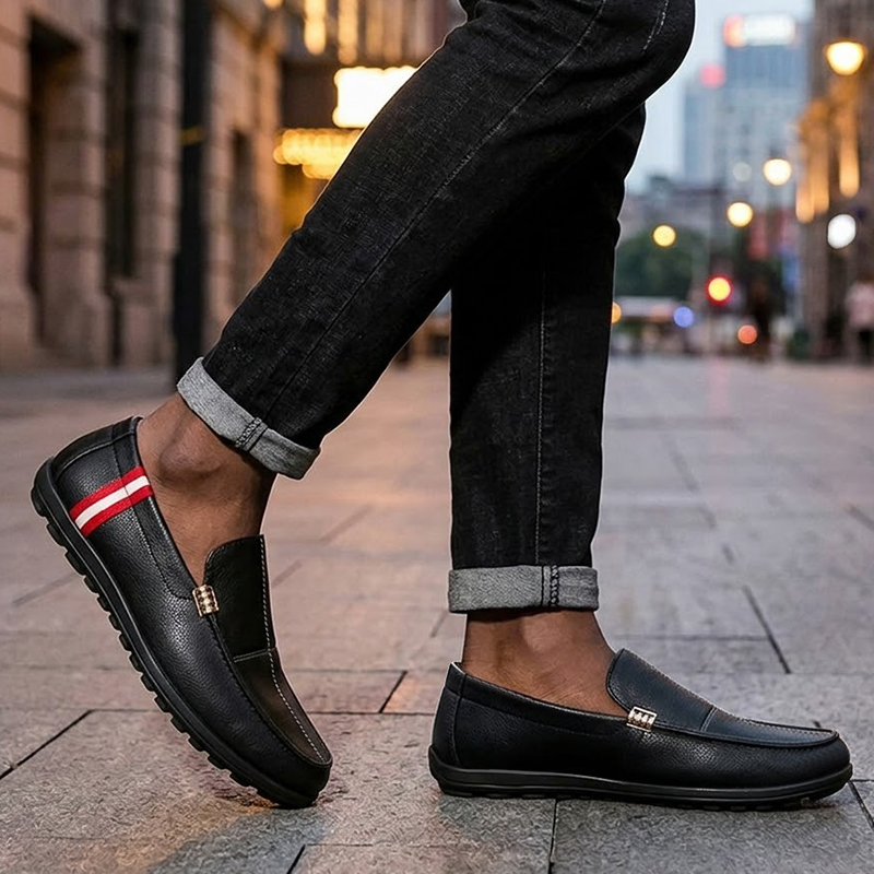 SXCHEN Men's Fashion Loafer Shoes-Black With Contrast Striped Trim,Lightweight Construction, Anti-Skid Traction Sole,Perfect For Business Casual & Daily Commute Men Non-Slip Sole Soft Lining Stitching