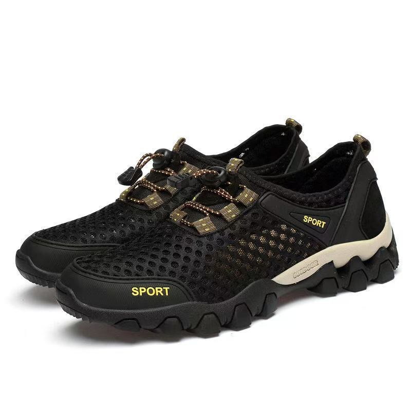 SXCHEN Men's Breathable Hiking Shoes – Black Mesh Upper,Quick-Dry Lining,  Quick-Lock Drawstring Closure, Non-Slip Rugged Sole, Perfect For Outdoor Trekking & Trail Walking