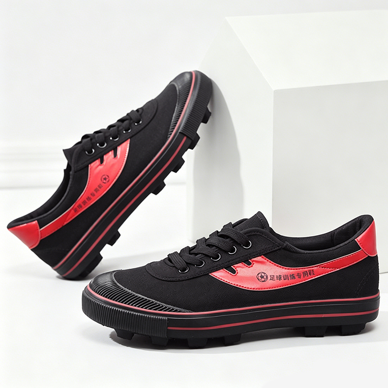 SXCHEN Men's Soccer Training Shoes –  Black Durable Canvas,  With Red Accents, Padded Collar, Flexible Traction Sole, Ideal For Street Fashion & Soccer Training
