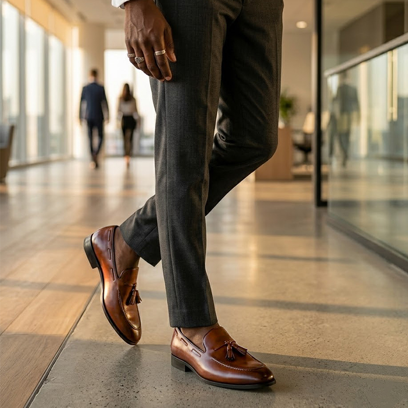 SXCHEN Men's Classic Dress Shoes – Brown Smooth Leather Upper, Padded Insole, Lightweight Construction, Easy Slip-On Fit,Non-Slip Rubber Sole, Ideal For Office Wear & Wedding Occasions
