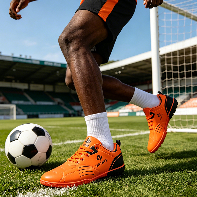 SXCHEN Men's Youth Soccer Cleat Shoes, Orange High-Performance Football Boots For Training & Matches, Lightweight Synthetic Material, Non-Slip Traction Sole, Lace-Up Design, Padded Footbed
