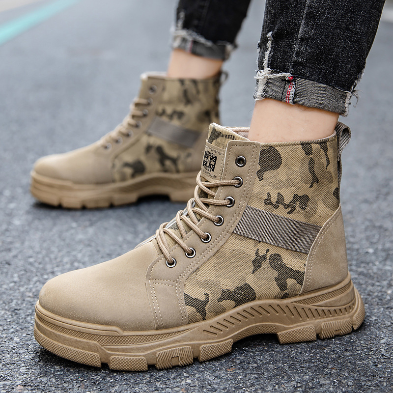 SXCHEN Men's Tactical Work Shoes, Khaki Camouflage Mid-Calf Boots For Trekking & Daily Wear, Sturdy Faux Suede & Canvas, Shock-Absorbing Platform Sole, Secure Lace-Up, Breathable Lining, All Sizes