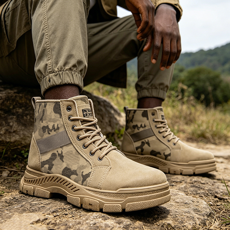 SXCHEN Men's Tactical Work Shoes, Khaki Camouflage Mid-Calf Boots For Trekking & Daily Wear, Sturdy Faux Suede & Canvas, Shock-Absorbing Platform Sole, Secure Lace-Up, Breathable Lining, All Sizes
