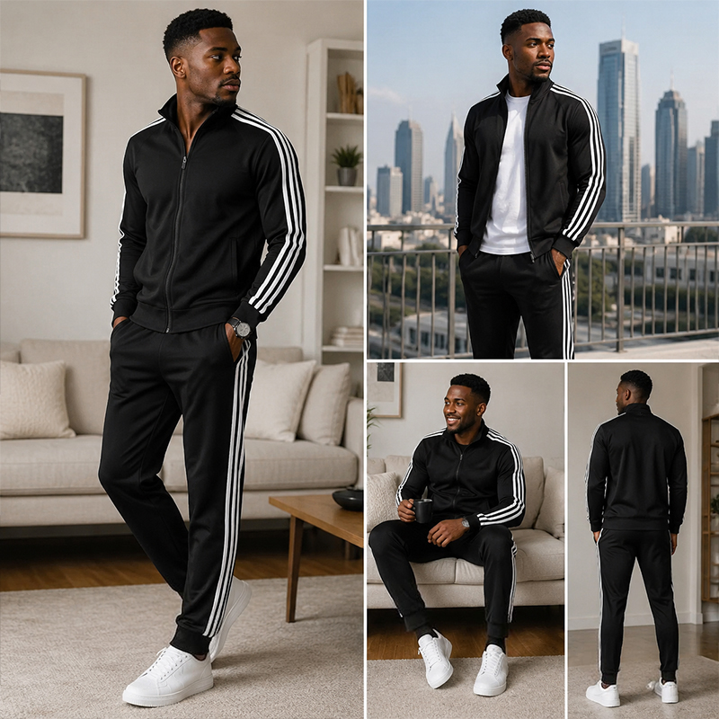 SXCHEN Men's Athletic Tracksuit, Black Striped Two-Piece Outfit For Gym & Daily Wear, Soft Quick-Dry Polyester, Full-Zip Jacket with Side Pockets, Elastic Drawstring Pants, Lightweight & Comfortable,