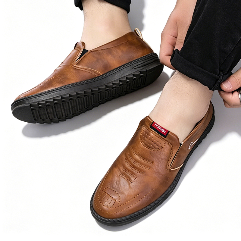SXCHEN Men's Comfort Slip-On Shoes, Brown Faux Leather Loafers for Daily Wear & Driving, Breathable Lining, Anti-Slip Tread Sole, Easy Slip-On Entry, Padded Insole, Wear-Resistant Outsole,