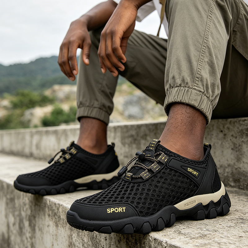 SXCHEN Men's Breathable Hiking Shoes – Black Mesh Upper,Quick-Dry Lining,  Quick-Lock Drawstring Closure, Non-Slip Rugged Sole, Perfect For Outdoor Trekking & Trail Walking