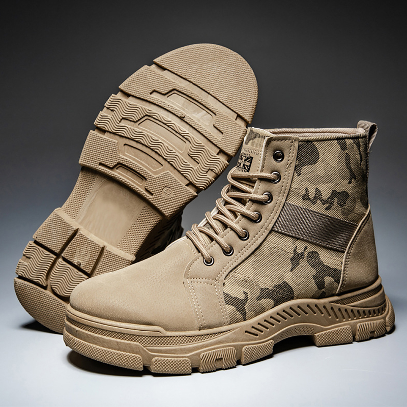 SXCHEN Men's Tactical Work Shoes, Khaki Camouflage Mid-Calf Boots For Trekking & Daily Wear, Sturdy Faux Suede & Canvas, Shock-Absorbing Platform Sole, Secure Lace-Up, Breathable Lining, All Sizes