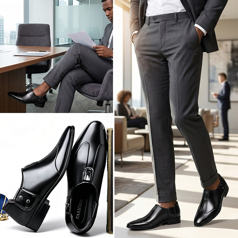 SXCHEN Men's Classic Oxford Shoes – Black Premium Leather Upper, Padded Insole, Non-Slip Rubber Sole,Decorative Metal Buckle, Pointed Toe Silhouette,Lightweight Construction, Suitable For Date Nights