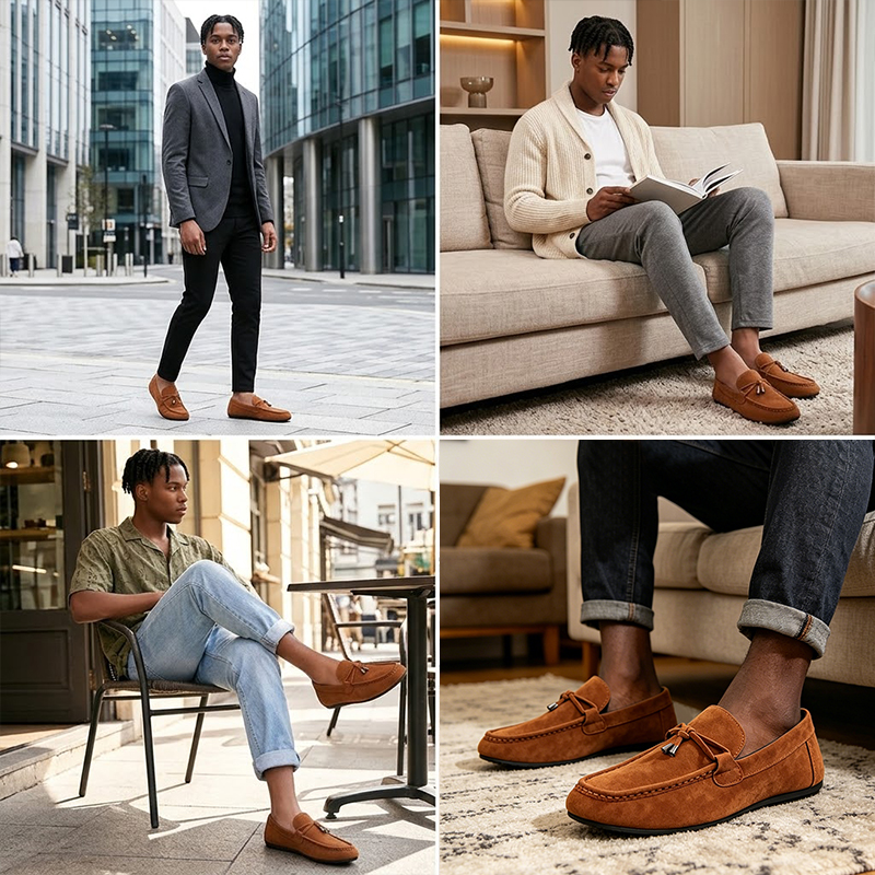 SXCHEN Men's Suede Driving Shoes – Brown Classic Loafer Style, Tassel Accent, Soft Synthetic Suede Upper, Comfortable Insole, Perfect For Casual Daily & Driving, All Sizes Available