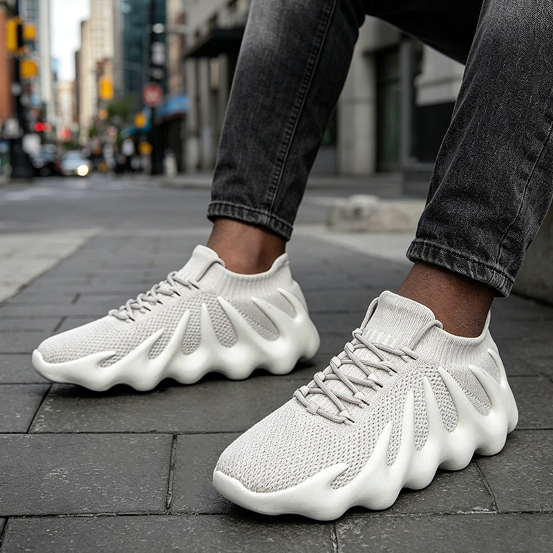 SXCHEN Sneakers Men Outdoor Running Polyester Fiber Breathable Comfortable Shock Absorption Trendy Athletic Walking Trainers Professional Sport Shoes Soft Sole Non-slip Fashion Footwear - White