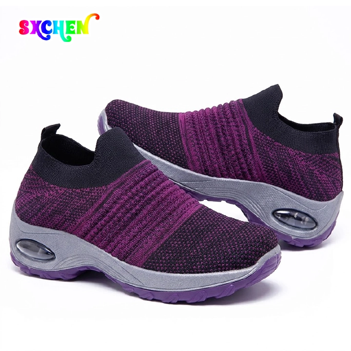 SXCHEN Women's Platform Wedge Shoes, Purple Gradient Sock Sneakers For Walking & Travel, Stretch Knit Fabric, Air Cushion Heel For Shock Absorption, Lightweight Design, Padded Insole, All Sizes
