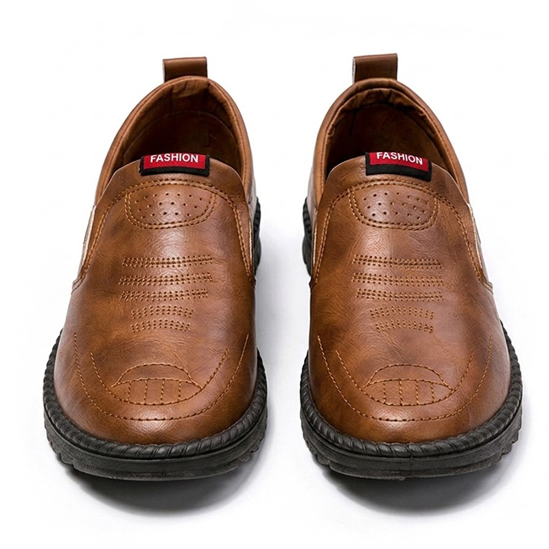 SXCHEN Men's Comfort Slip-On Shoes, Brown Faux Leather Loafers for Daily Wear & Driving, Breathable Lining, Anti-Slip Tread Sole, Easy Slip-On Entry, Padded Insole, Wear-Resistant Outsole,