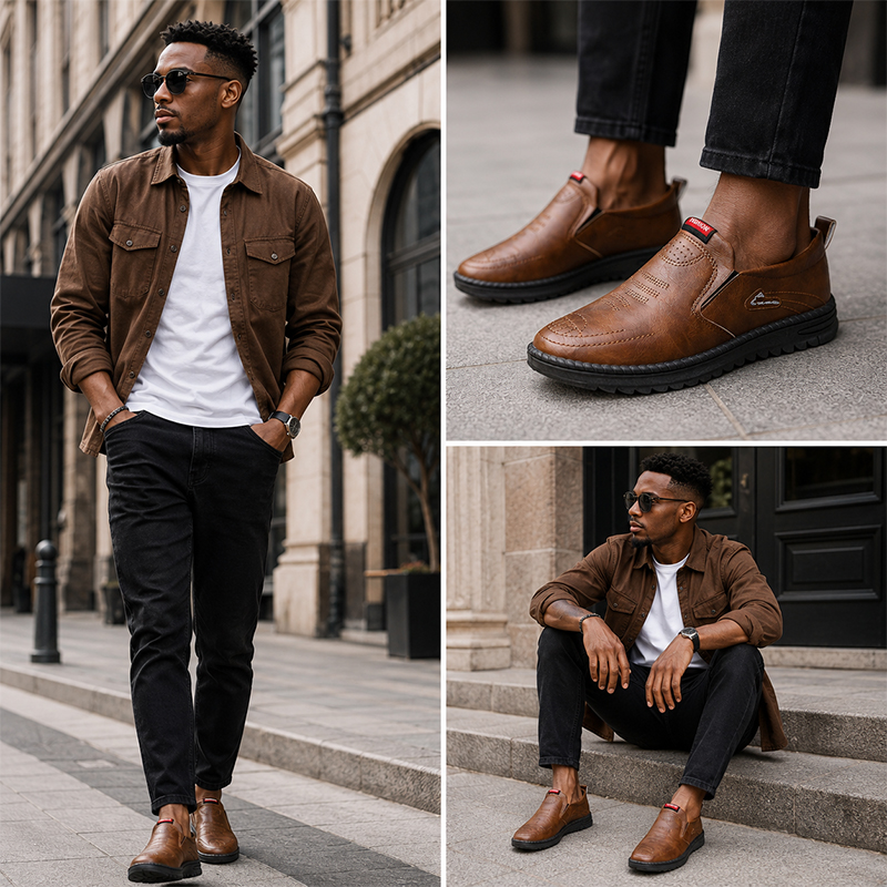 SXCHEN Men's Comfort Slip-On Shoes, Brown Faux Leather Loafers for Daily Wear & Driving, Breathable Lining, Anti-Slip Tread Sole, Easy Slip-On Entry, Padded Insole, Wear-Resistant Outsole,