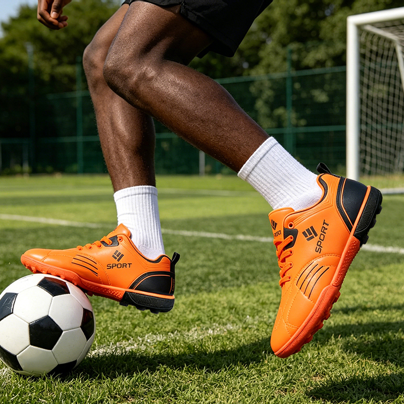 SXCHEN Men's Youth Soccer Cleat Shoes, Orange High-Performance Football Boots For Training & Matches, Lightweight Synthetic Material, Non-Slip Traction Sole, Lace-Up Design, Padded Footbed