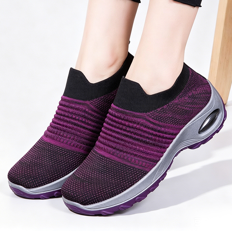 SXCHEN Women's Platform Wedge Shoes, Purple Gradient Sock Sneakers For Walking & Travel, Stretch Knit Fabric, Air Cushion Heel For Shock Absorption, Lightweight Design, Padded Insole, All Sizes
