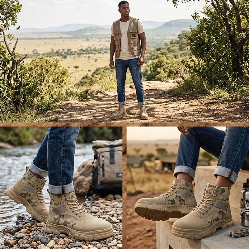 SXCHEN Men's Tactical Work Shoes, Khaki Camouflage Mid-Calf Boots For Trekking & Daily Wear, Sturdy Faux Suede & Canvas, Shock-Absorbing Platform Sole, Secure Lace-Up, Breathable Lining, All Sizes