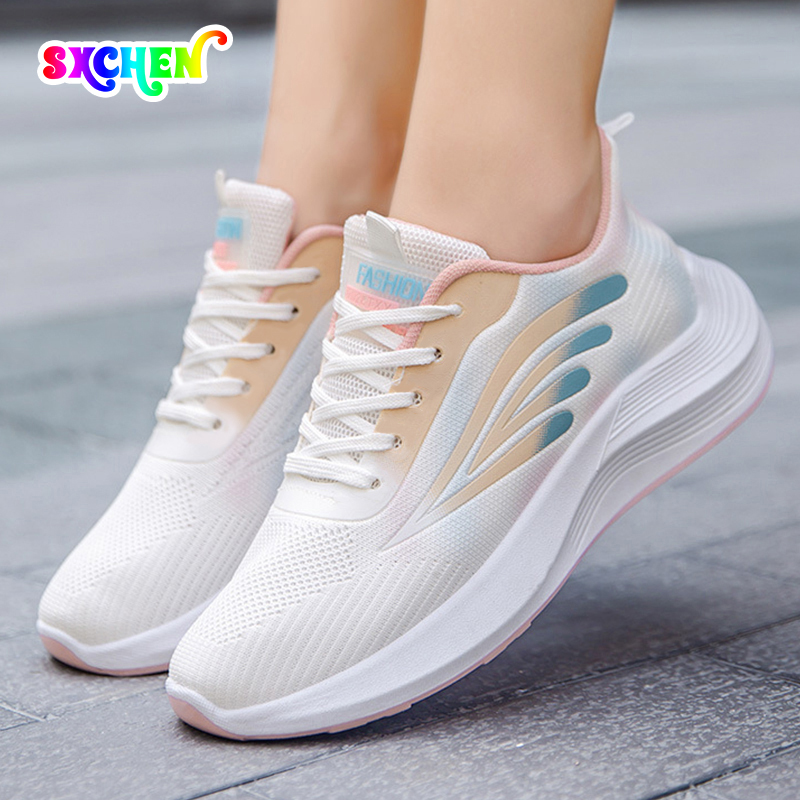 SXCHEN Women's Lightweight Running Shoes – White With Pink & Blue Gradient Accents, Breathable Mesh Upper, Cushioned Midsole, Perfect For Jogging & Daily Casual Wear, All Sizes Available