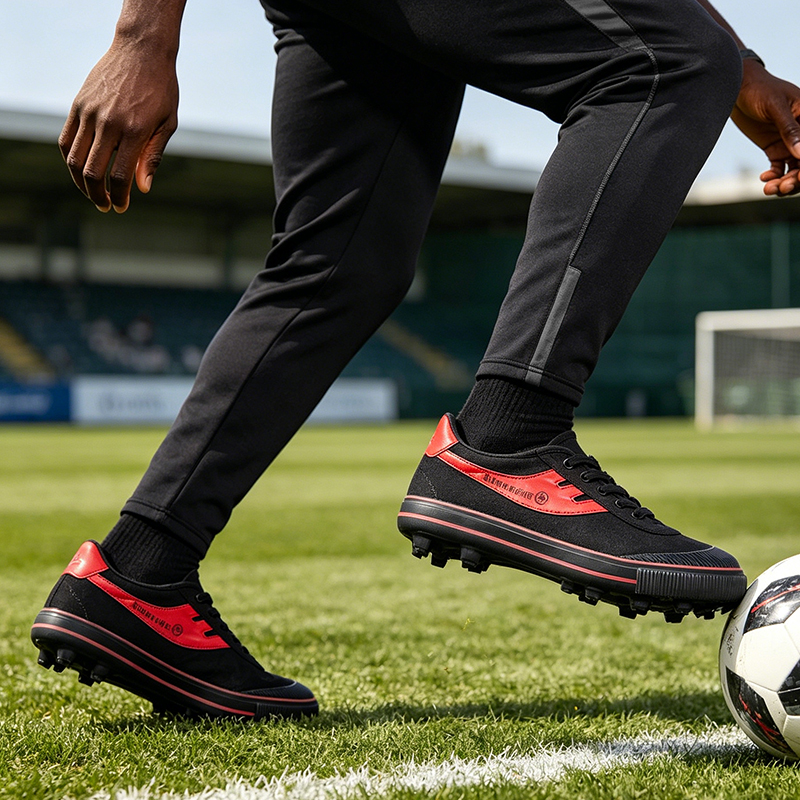 SXCHEN Men's Soccer Training Shoes –  Black Durable Canvas,  With Red Accents, Padded Collar, Flexible Traction Sole, Ideal For Street Fashion & Soccer Training