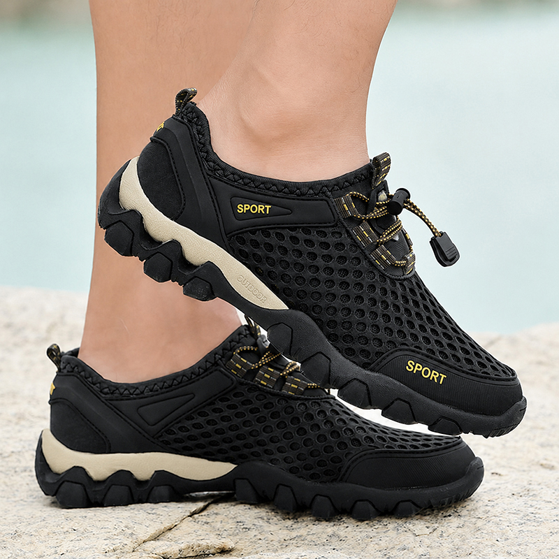 SXCHEN Men's Breathable Hiking Shoes – Black Mesh Upper,Quick-Dry Lining,  Quick-Lock Drawstring Closure, Non-Slip Rugged Sole, Perfect For Outdoor Trekking & Trail Walking