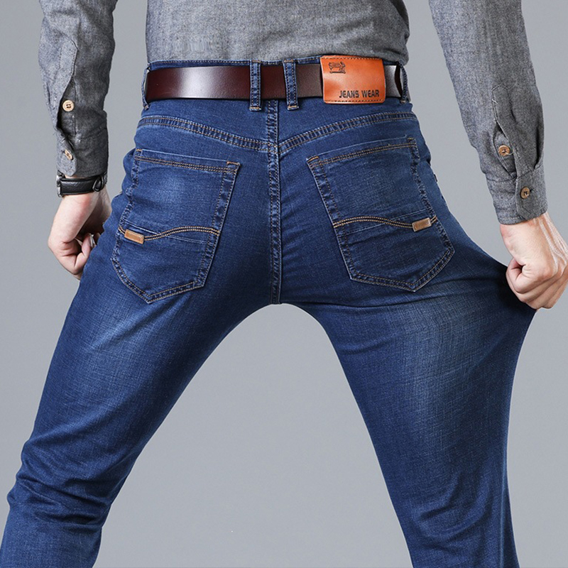 SXCHEN Men's Stretch Denim Straight Leg Jeans, Classic Blue Washed Slim Fit Casual Pants With Reinforced Stitching, Lightweight Breathable Fabric, Versatile Office & Everyday Denim Bottoms For Men