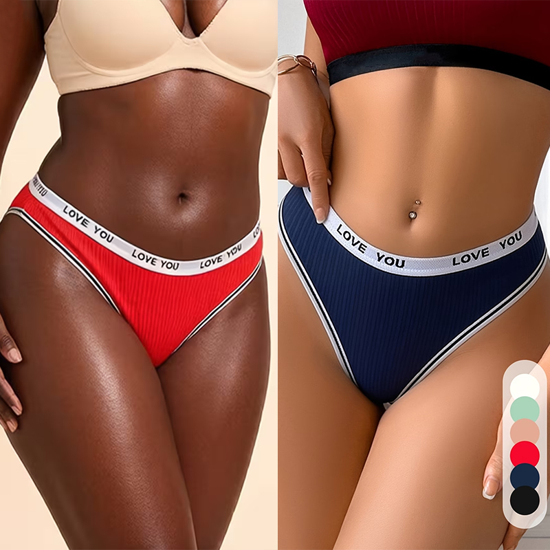 SXCHEN 3PCS Random Mixed Color Ribbed Cotton Thong Panties, Women's Letter Printed Elastic Waist Low-Cut Underwear, Skin-Friendly Breathable Stretch Fabric, Daily Casual & Sports Underpants For Ladies
