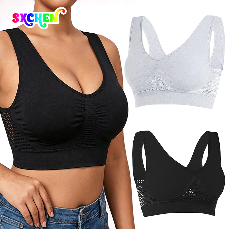 SXCHEN Women's 2-Pack Breathable Mesh Side Sports Bra, V-Neck Padded Wireless Workout Bras With Hollow Mesh Panel, Stretch Sweat-Wicking Comfort Crop Top,Yoga Running & Sleep Athletic Bra For Ladies