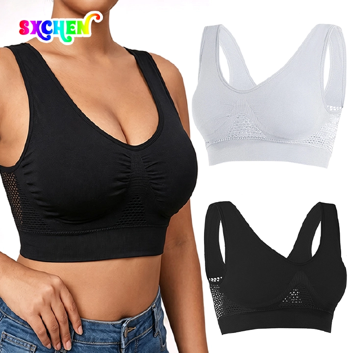 SXCHEN Women's 2-Pack Breathable Mesh Side Sports Bra, V-Neck Padded Wireless Workout Bras With Hollow Mesh Panel, Stretch Sweat-Wicking Comfort Crop Top,Yoga Running & Sleep Athletic Bra For Ladies