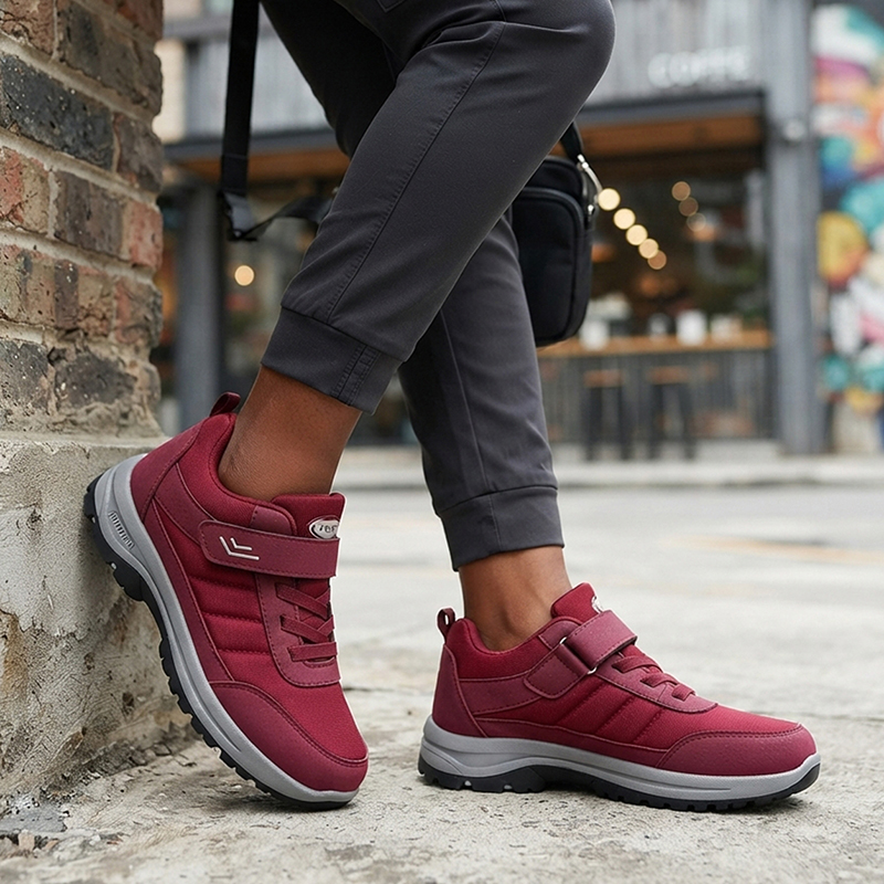 SXCHEN Women's Burgundy Adjustable Velcro Strap Outdoor Hiking Shoes, Non-Slip Rugged Sole Breathable Mesh Walking Sneakers, Lightweight Casual Trainers,  Comfortable Everyday & Outdoor Footwear