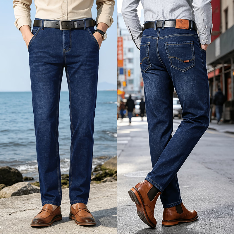 SXCHEN Men's Stretch Denim Straight Leg Jeans, Classic Blue Washed Slim Fit Casual Pants With Reinforced Stitching, Lightweight Breathable Fabric, Versatile Office & Everyday Denim Bottoms For Men