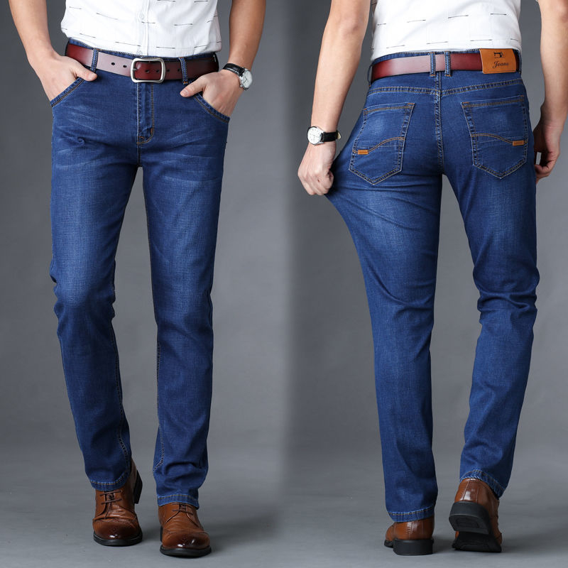 SXCHEN Men's Stretch Denim Straight Leg Jeans, Classic Blue Washed Slim Fit Casual Pants With Reinforced Stitching, Lightweight Breathable Fabric, Versatile Office & Everyday Denim Bottoms For Men