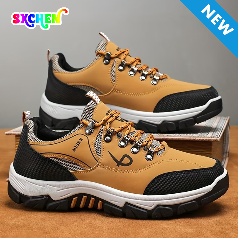 SXCHEN Men Sneakers shoes Yellow Outdoor Hiking Shoes, Breathable Mesh & Synthetic Upper Trail Sneakers, Non-Slip Rugged Sole, Plus Size Available, Trekking & Daily Casual Athletic Footwear For Men's