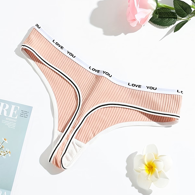 SXCHEN 3PCS Random Mixed Color Ribbed Cotton Thong Panties, Women's Letter Printed Elastic Waist Low-Cut Underwear, Skin-Friendly Breathable Stretch Fabric, Daily Casual & Sports Underpants For Ladies