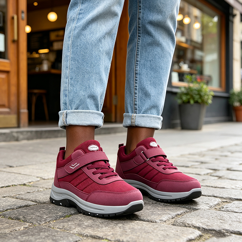SXCHEN Women's Burgundy Adjustable Velcro Strap Outdoor Hiking Shoes, Non-Slip Rugged Sole Breathable Mesh Walking Sneakers, Lightweight Casual Trainers,  Comfortable Everyday & Outdoor Footwear