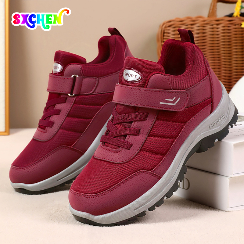 SXCHEN Women's Burgundy Adjustable Velcro Strap Outdoor Hiking Shoes, Non-Slip Rugged Sole Breathable Mesh Walking Sneakers, Lightweight Casual Trainers,  Comfortable Everyday & Outdoor Footwear