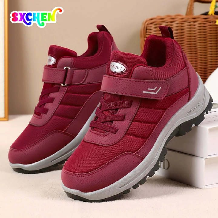 SXCHEN Women's Burgundy Adjustable Velcro Strap Outdoor Hiking Shoes, Non-Slip Rugged Sole Breathable Mesh Walking Sneakers, Lightweight Casual Trainers,  Comfortable Everyday & Outdoor Footwear