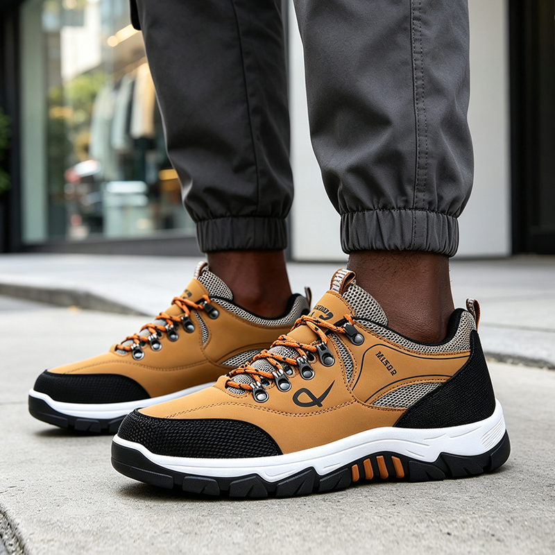SXCHEN Men Sneakers shoes Yellow Outdoor Hiking Shoes, Breathable Mesh & Synthetic Upper Trail Sneakers, Non-Slip Rugged Sole, Plus Size Available, Trekking & Daily Casual Athletic Footwear For Men's