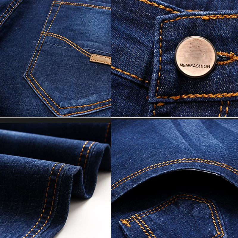 SXCHEN Men's Stretch Denim Straight Leg Jeans, Classic Blue Washed Slim Fit Casual Pants With Reinforced Stitching, Lightweight Breathable Fabric, Versatile Office & Everyday Denim Bottoms For Men