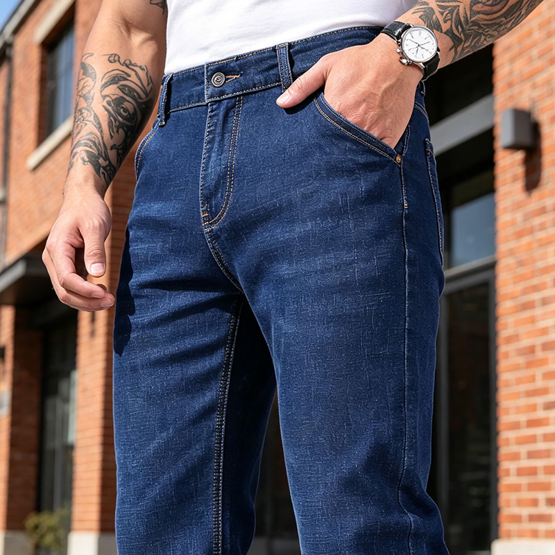 SXCHEN Men's Stretch Denim Straight Leg Jeans, Classic Blue Washed Slim Fit Casual Pants With Reinforced Stitching, Lightweight Breathable Fabric, Versatile Office & Everyday Denim Bottoms For Men