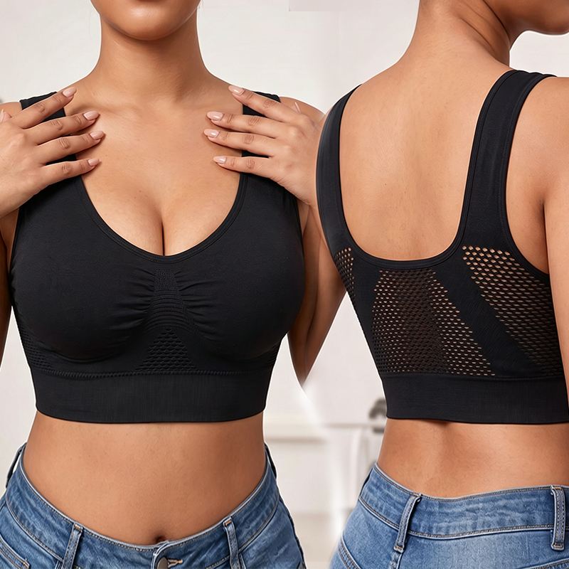 SXCHEN Women's 2-Pack Breathable Mesh Side Sports Bra, V-Neck Padded Wireless Workout Bras With Hollow Mesh Panel, Stretch Sweat-Wicking Comfort Crop Top,Yoga Running & Sleep Athletic Bra For Ladies