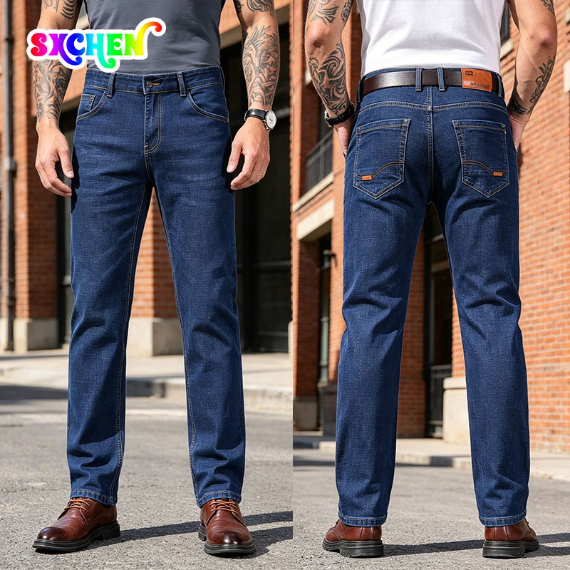 SXCHEN Men's Stretch Denim Straight Leg Jeans, Classic Blue Washed Slim Fit Casual Pants With Reinforced Stitching, Lightweight Breathable Fabric, Versatile Office & Everyday Denim Bottoms For Men