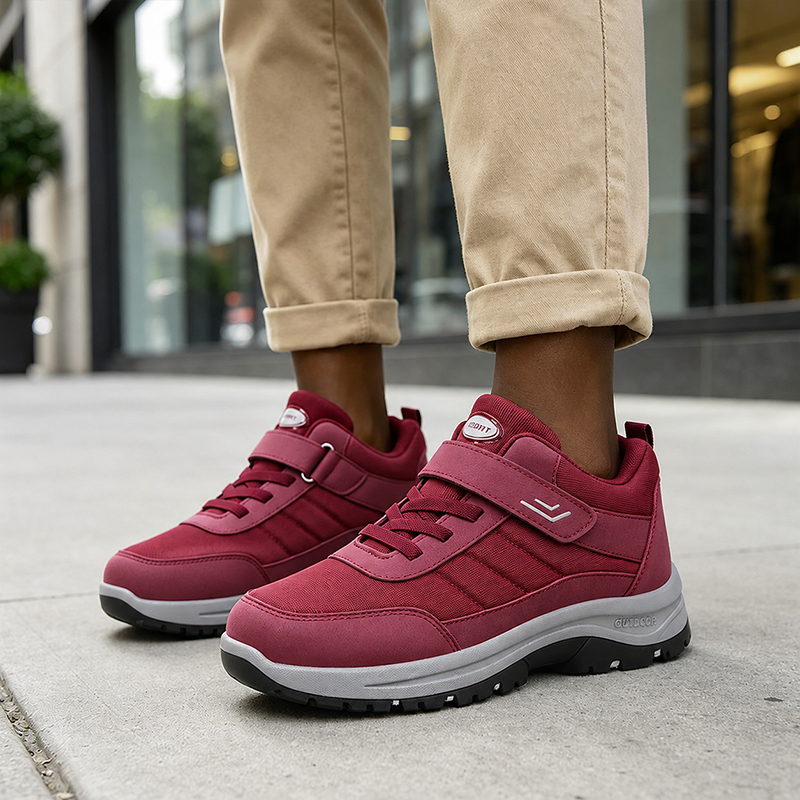 SXCHEN Women's Burgundy Adjustable Velcro Strap Outdoor Hiking Shoes, Non-Slip Rugged Sole Breathable Mesh Walking Sneakers, Lightweight Casual Trainers,  Comfortable Everyday & Outdoor Footwear