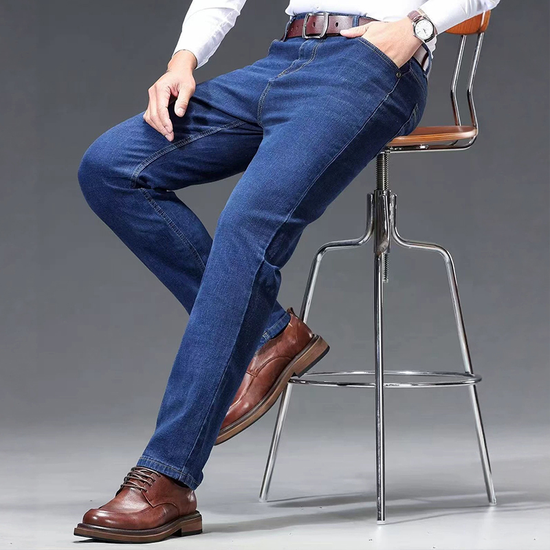 SXCHEN Men's Stretch Denim Straight Leg Jeans, Classic Blue Washed Slim Fit Casual Pants With Reinforced Stitching, Lightweight Breathable Fabric, Versatile Office & Everyday Denim Bottoms For Men